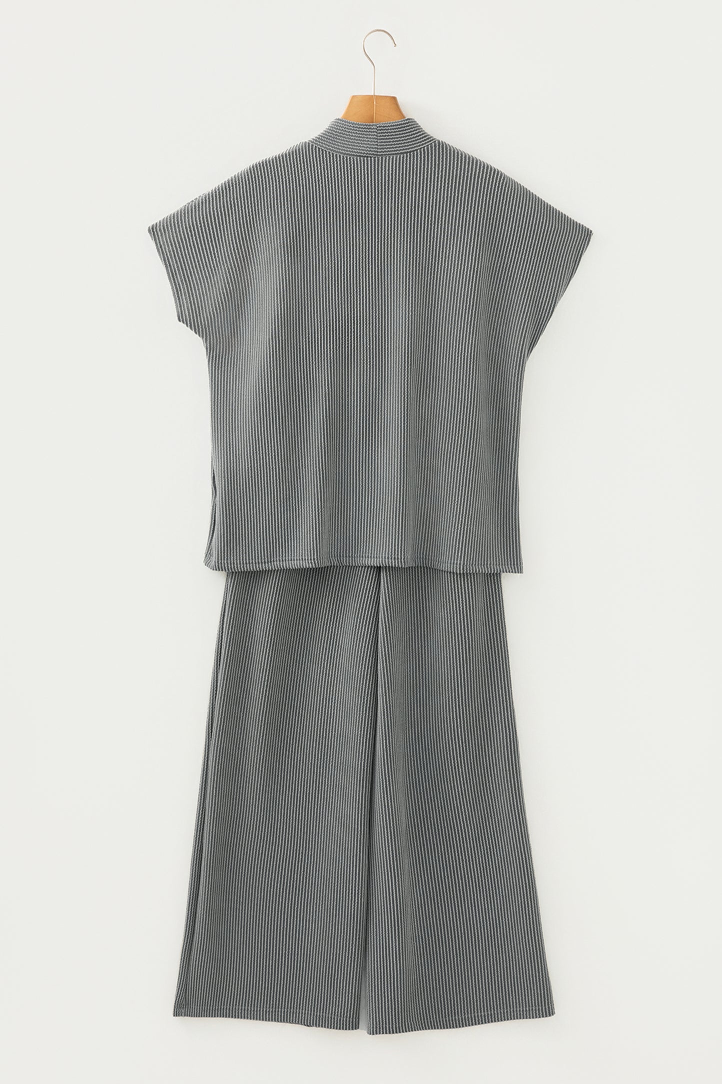 Dark Grey Twisted Ribbed High Neck Loose Tee Elastic High Waist Loose Pant Set