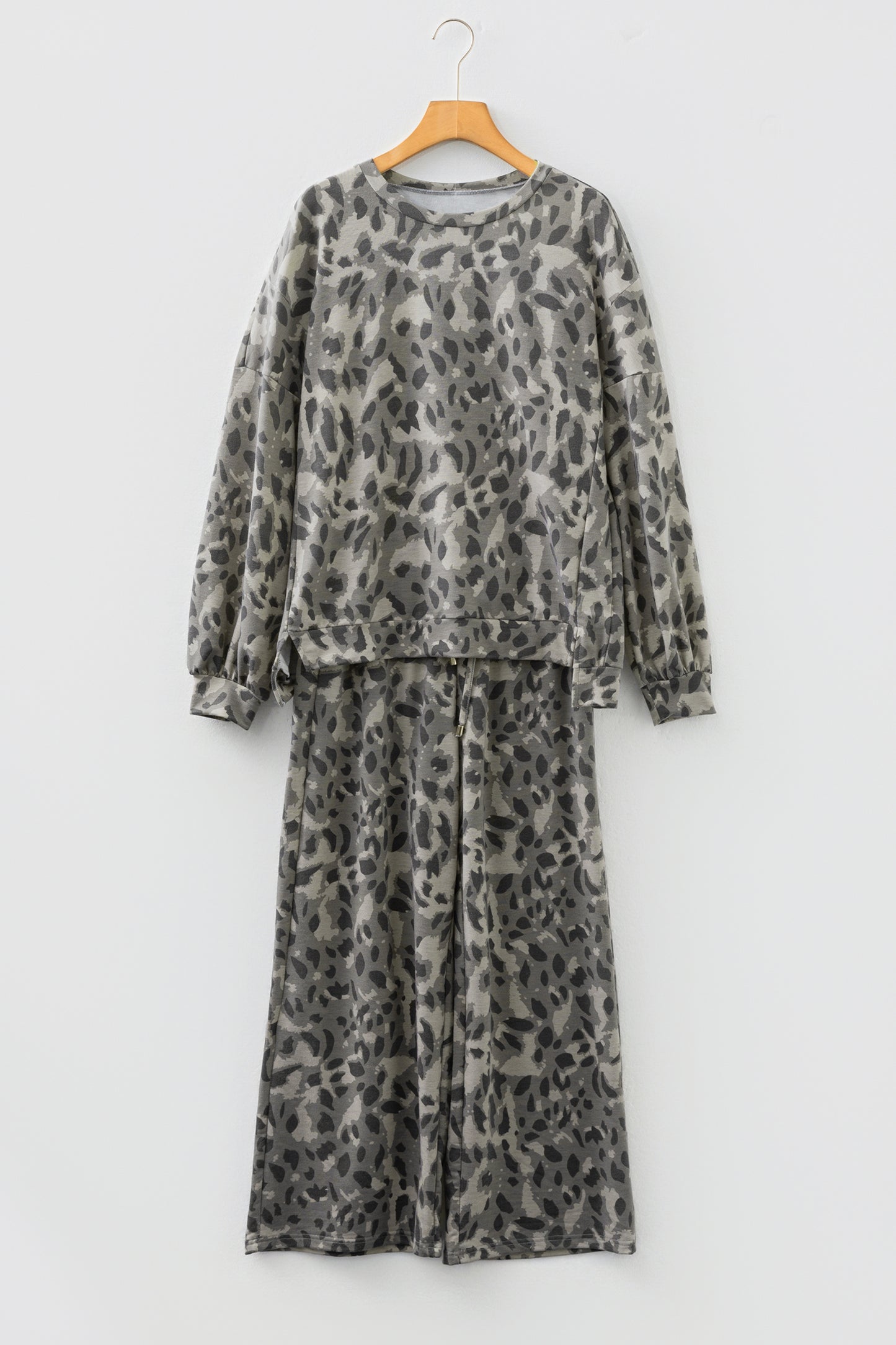 Gray Leopard Print Raw Seam Patchwork Pullover Drawstring Loose Pant Set