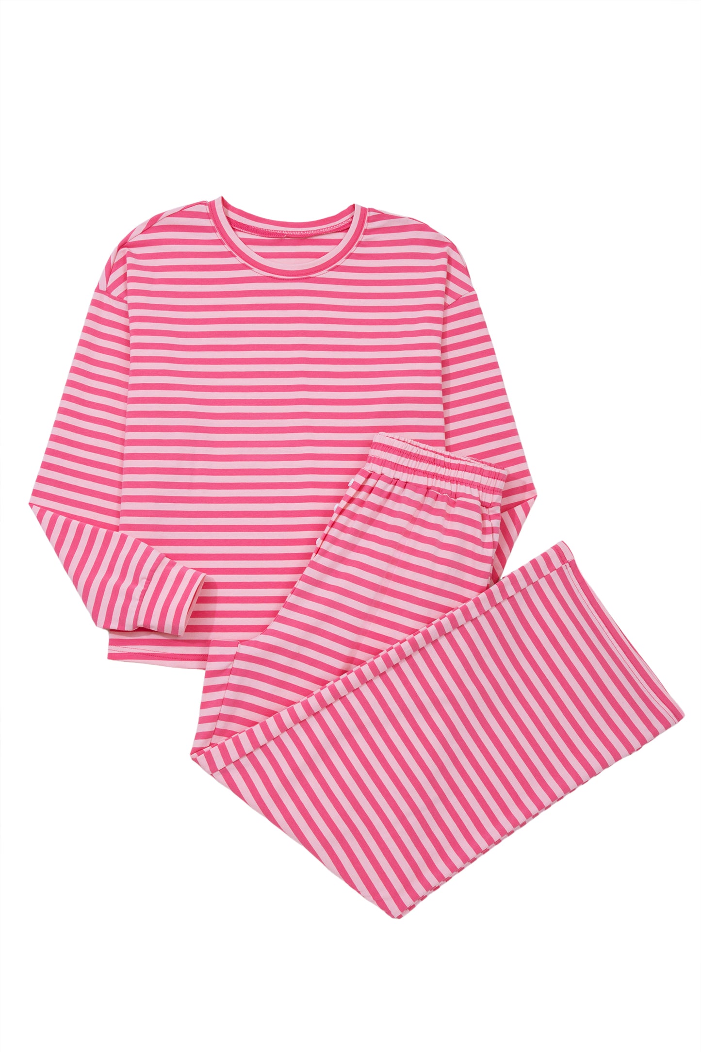 Rose Stripe Drop Shoulder Round Neck Top and Buttoned Straight Pants Two Piece Set