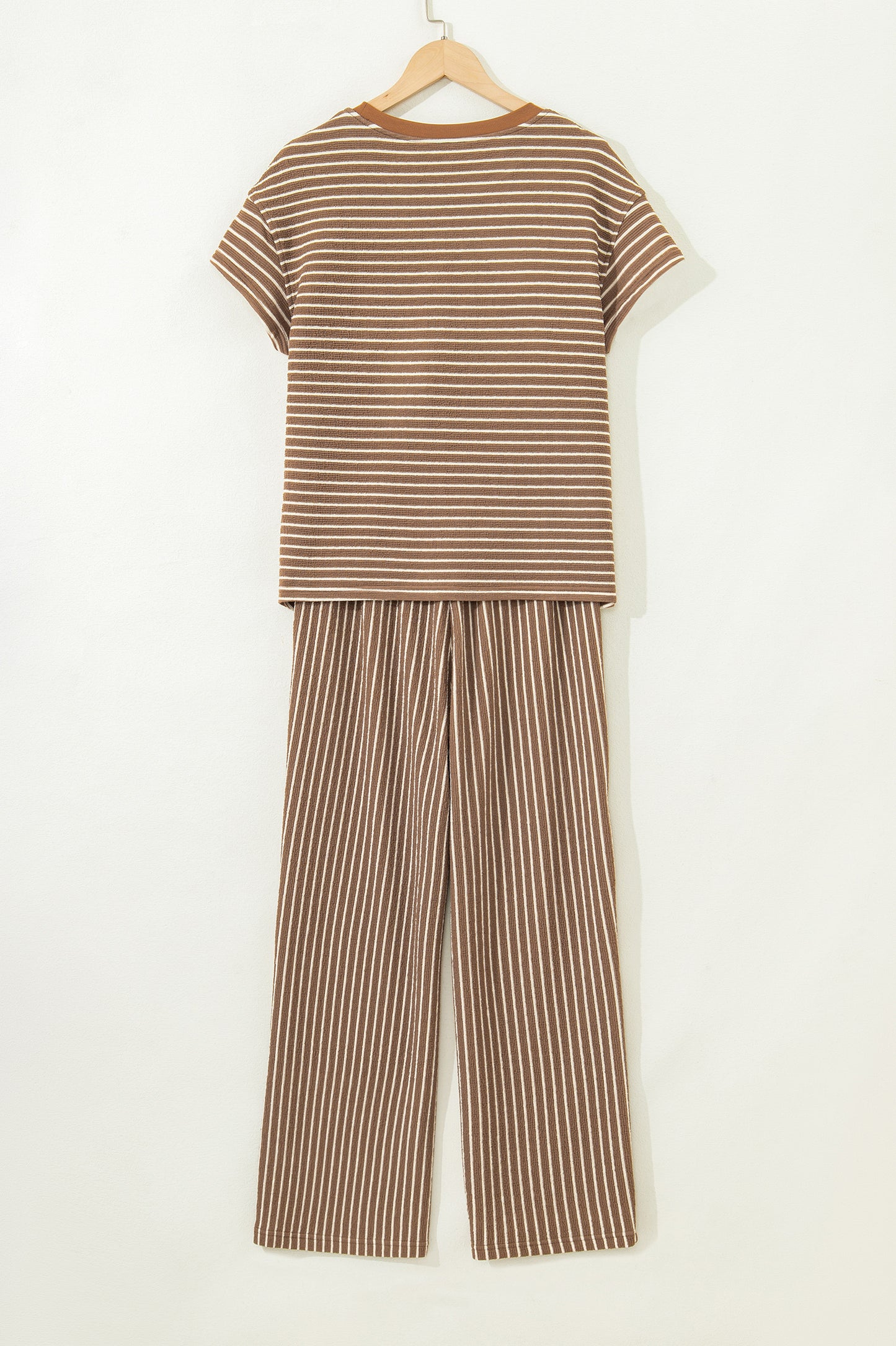 Khaki Stripe Crew Neck Tee Drawstring Waist Cropped Pants Set