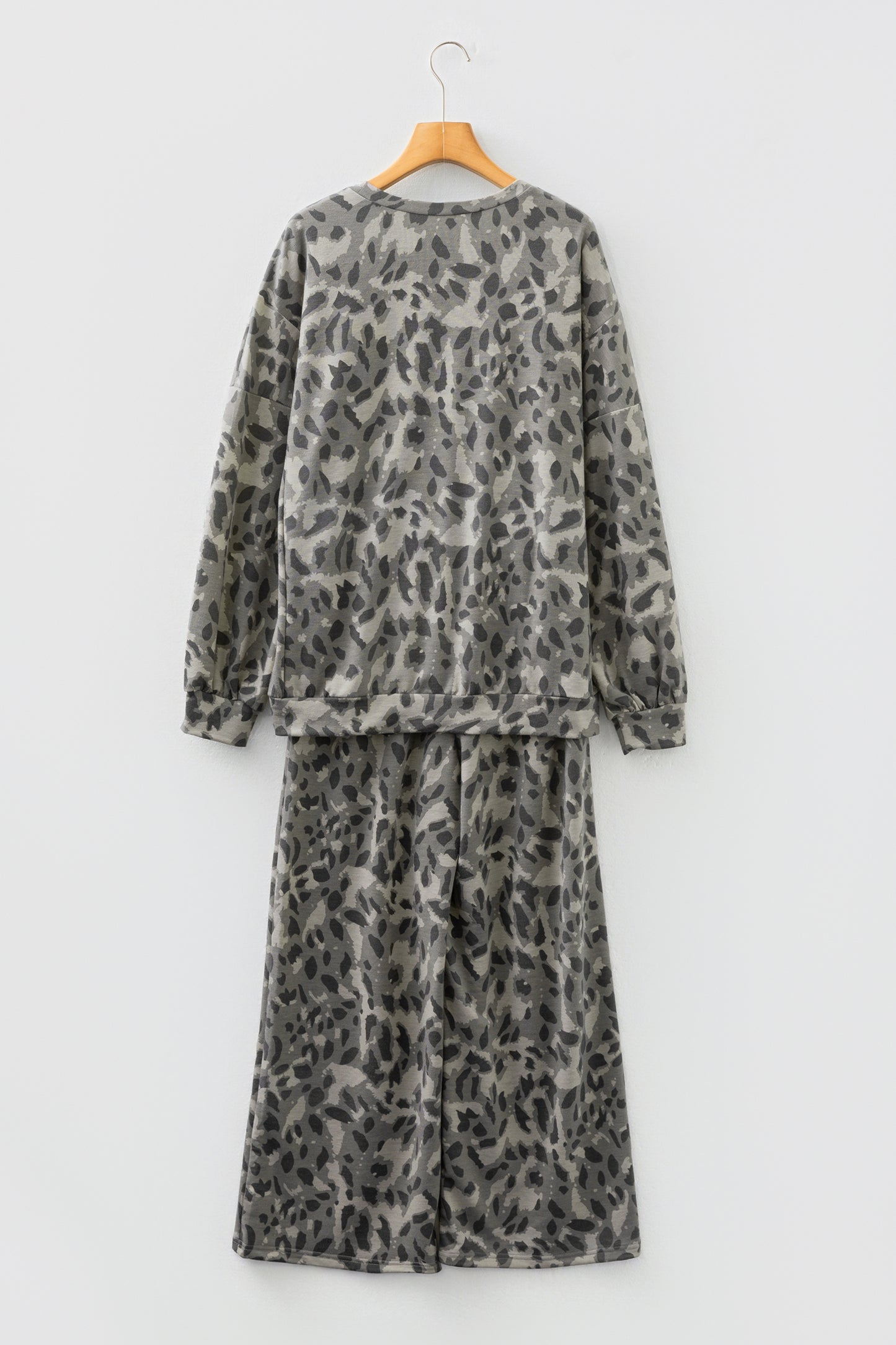 Gray Leopard Print Raw Seam Patchwork Pullover Drawstring Loose Pant Set
