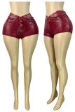 Burgundy Shiny Textured Skinny Shorts Stylish Edgy Street Piece